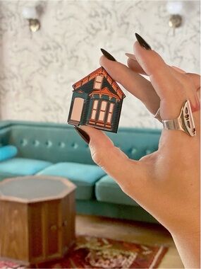 Victorian House Enamel Pin - Teal & Coral